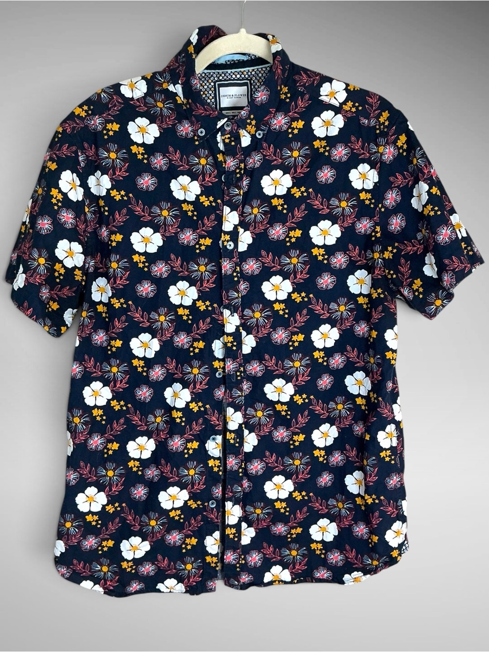 Denim & Flower Ricky Singh Men’s Floral Button Down Shirt Navy Large